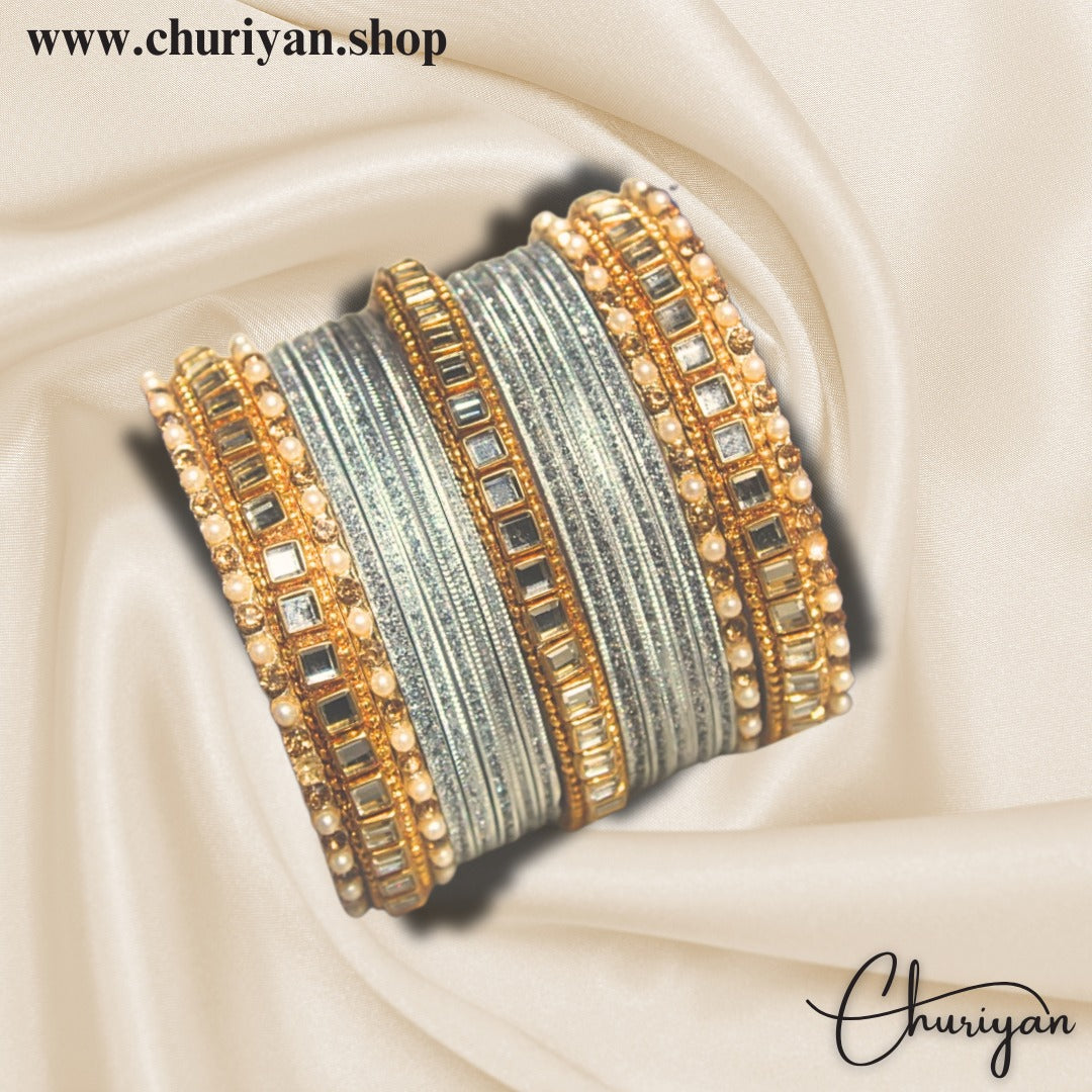 Fancy Glittery Metal and Kundan Bangles Set